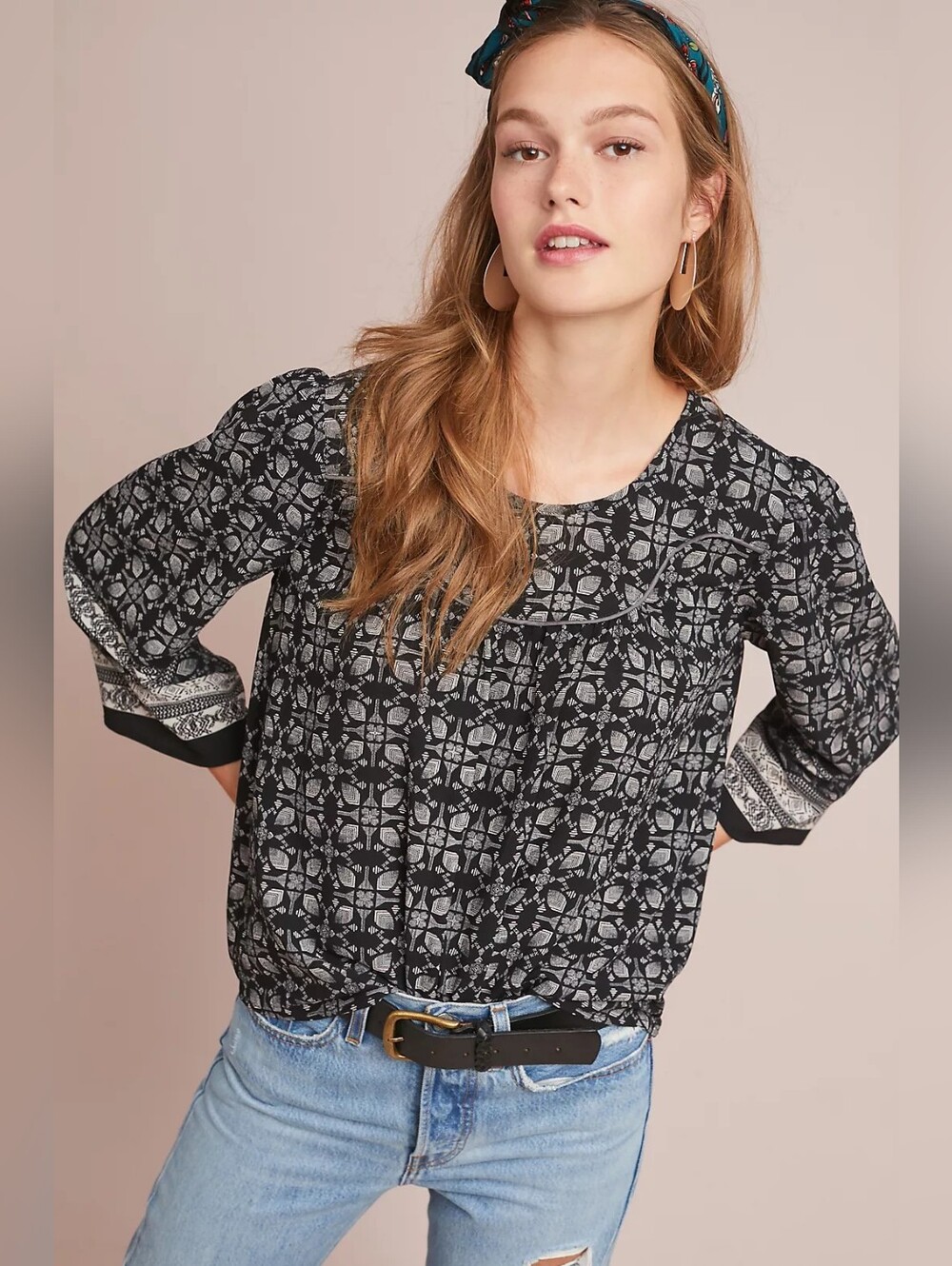 AMADI Anthropologie Mod Printed Blouse Women's L Boho Peasant - Picture 2 of 6